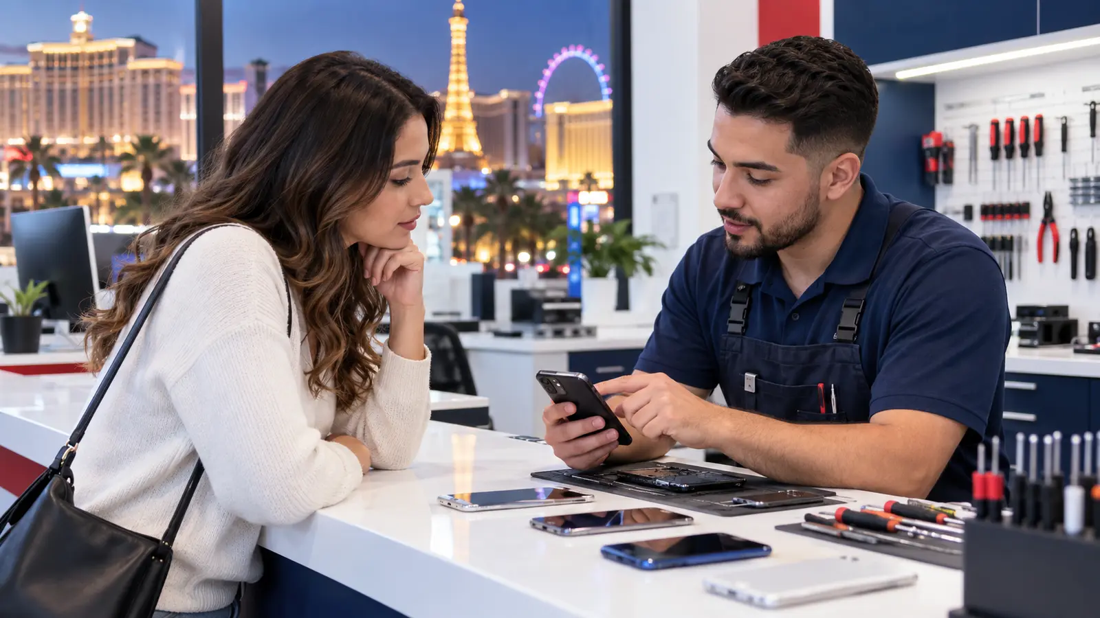 Customer comparing professional phone repair options in Las Vegas