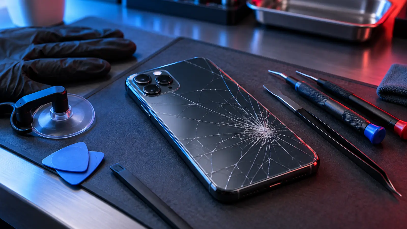 Cracked rear phone glass prepared safely for professional repair