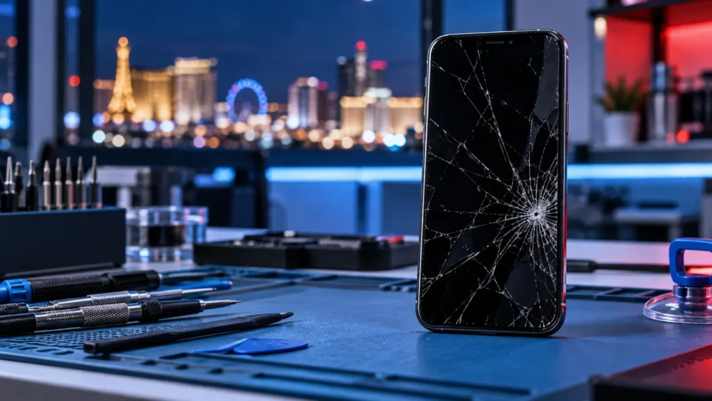 Cracked phone screen at a professional Las Vegas phone repair workbench