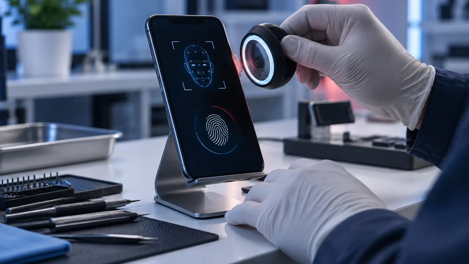 Technician inspecting generic phone biometric sensors without personal data