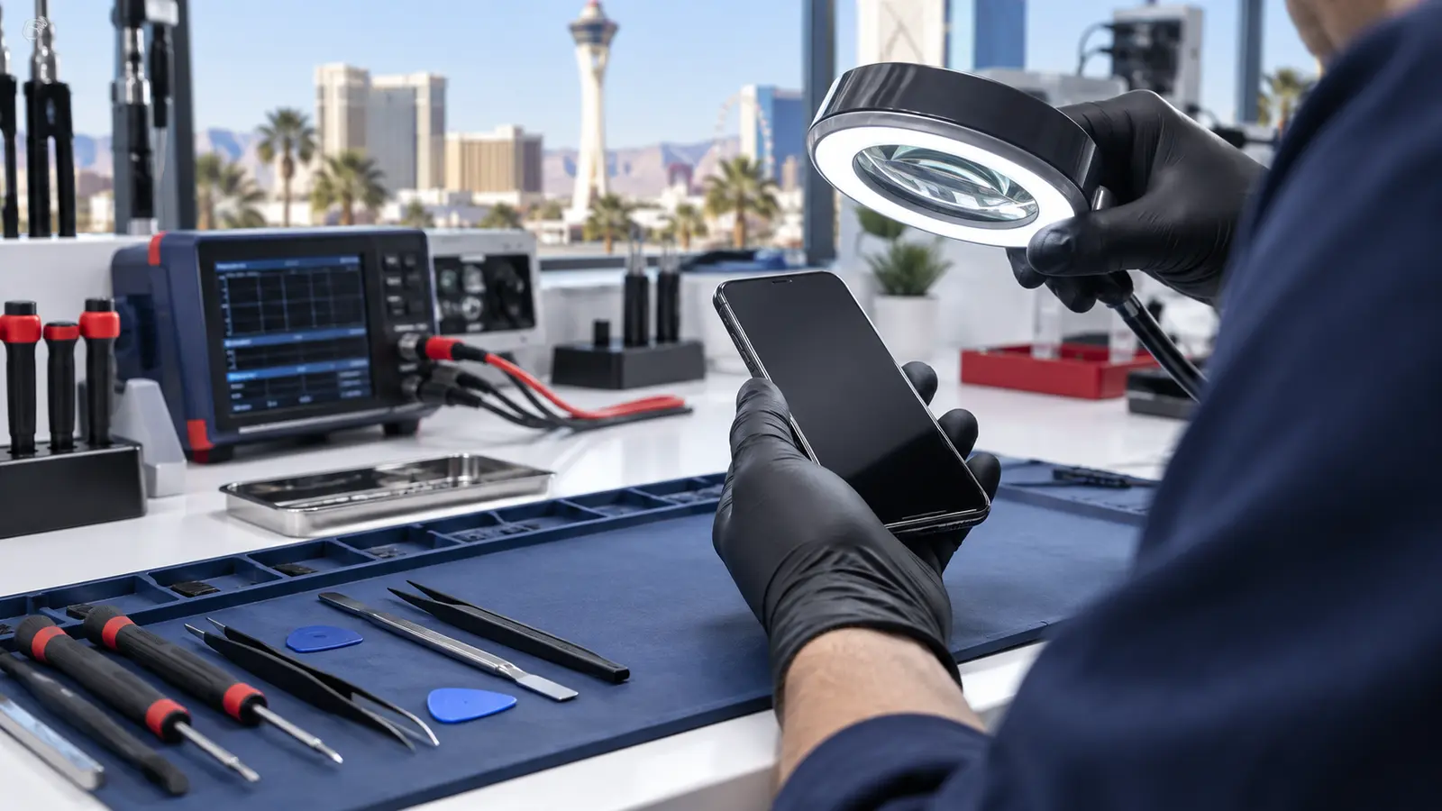 Technician performing a careful phone diagnostic at a repair counter
