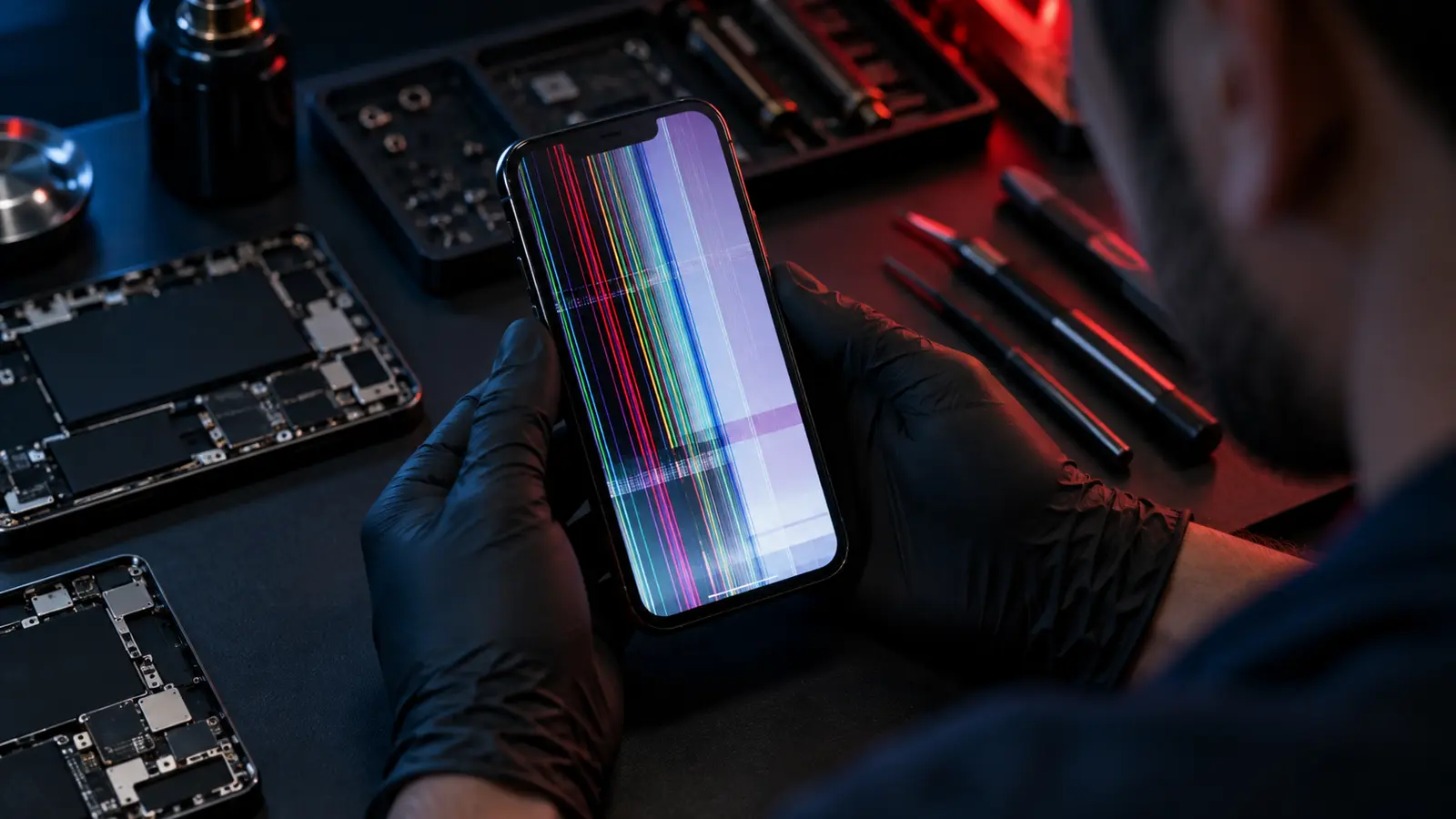 Phone display showing colored lines during professional inspection