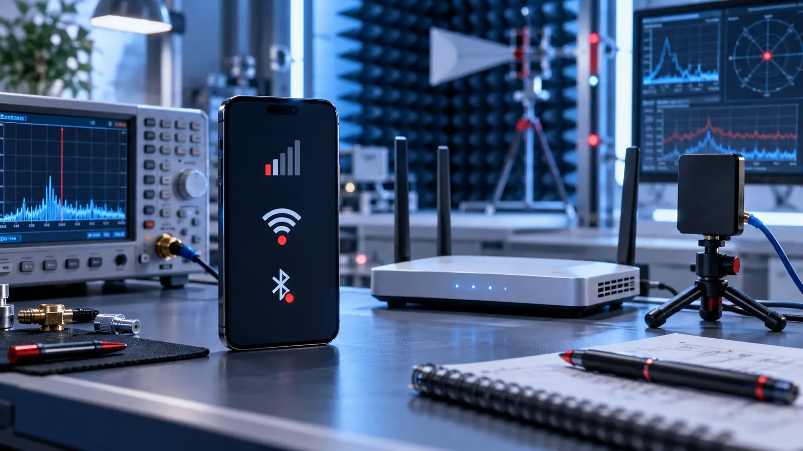 Phone wireless connections being tested with professional signal equipment