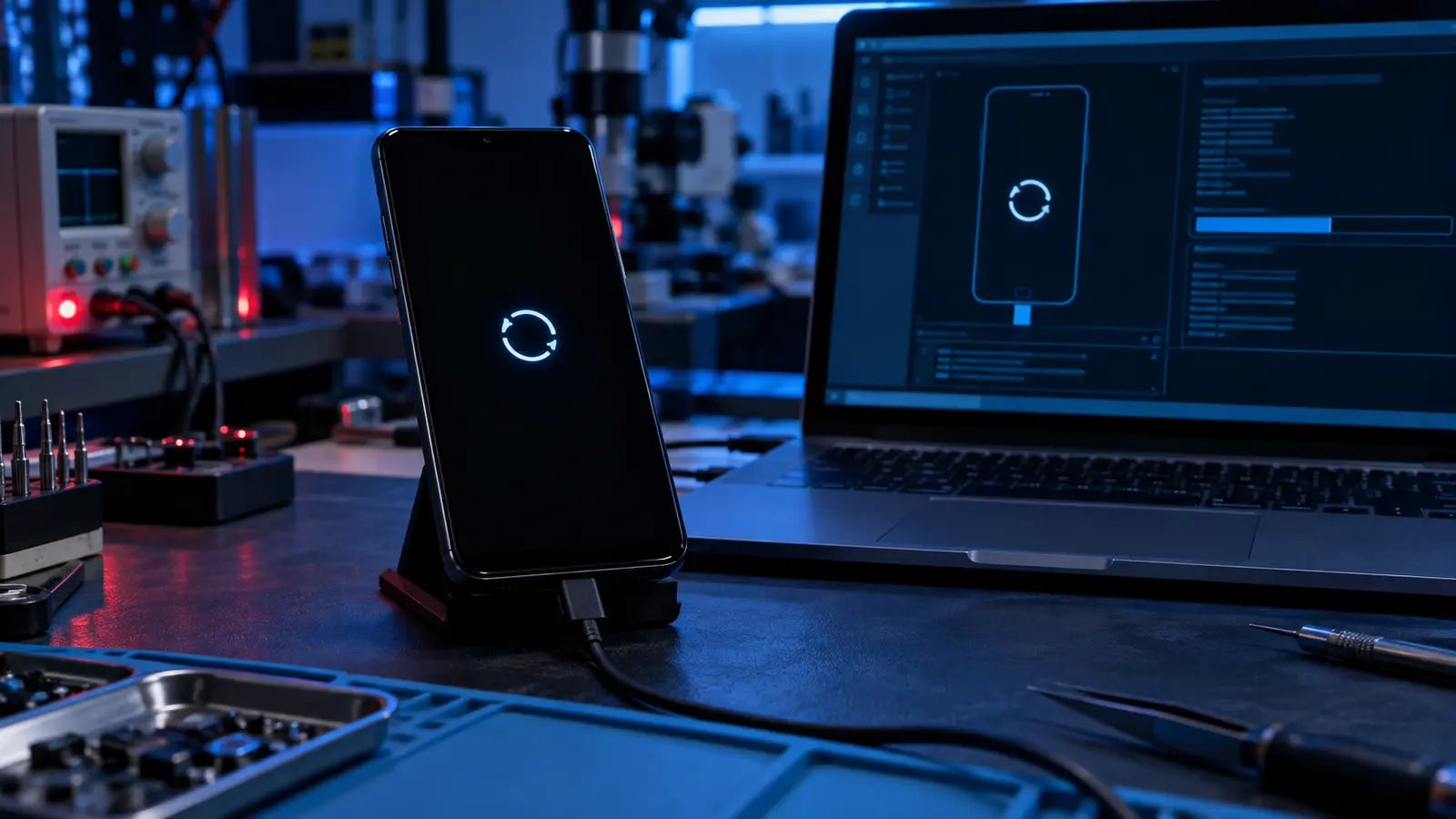Phone displaying a restart loop while connected to diagnostic equipment