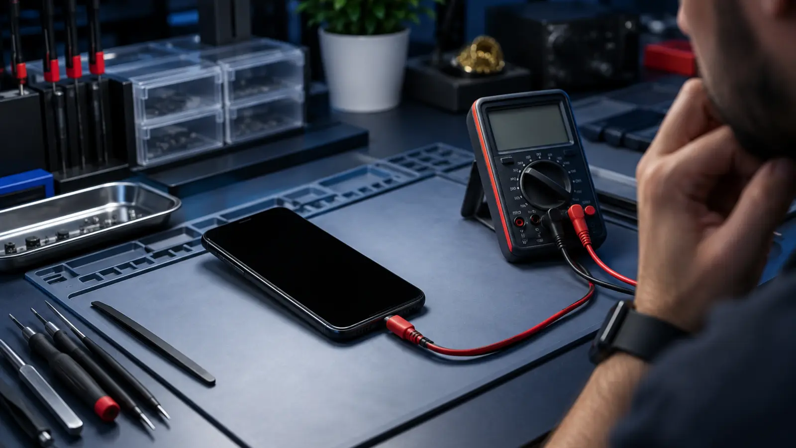 Black-screen phone connected to safe professional diagnostic equipment