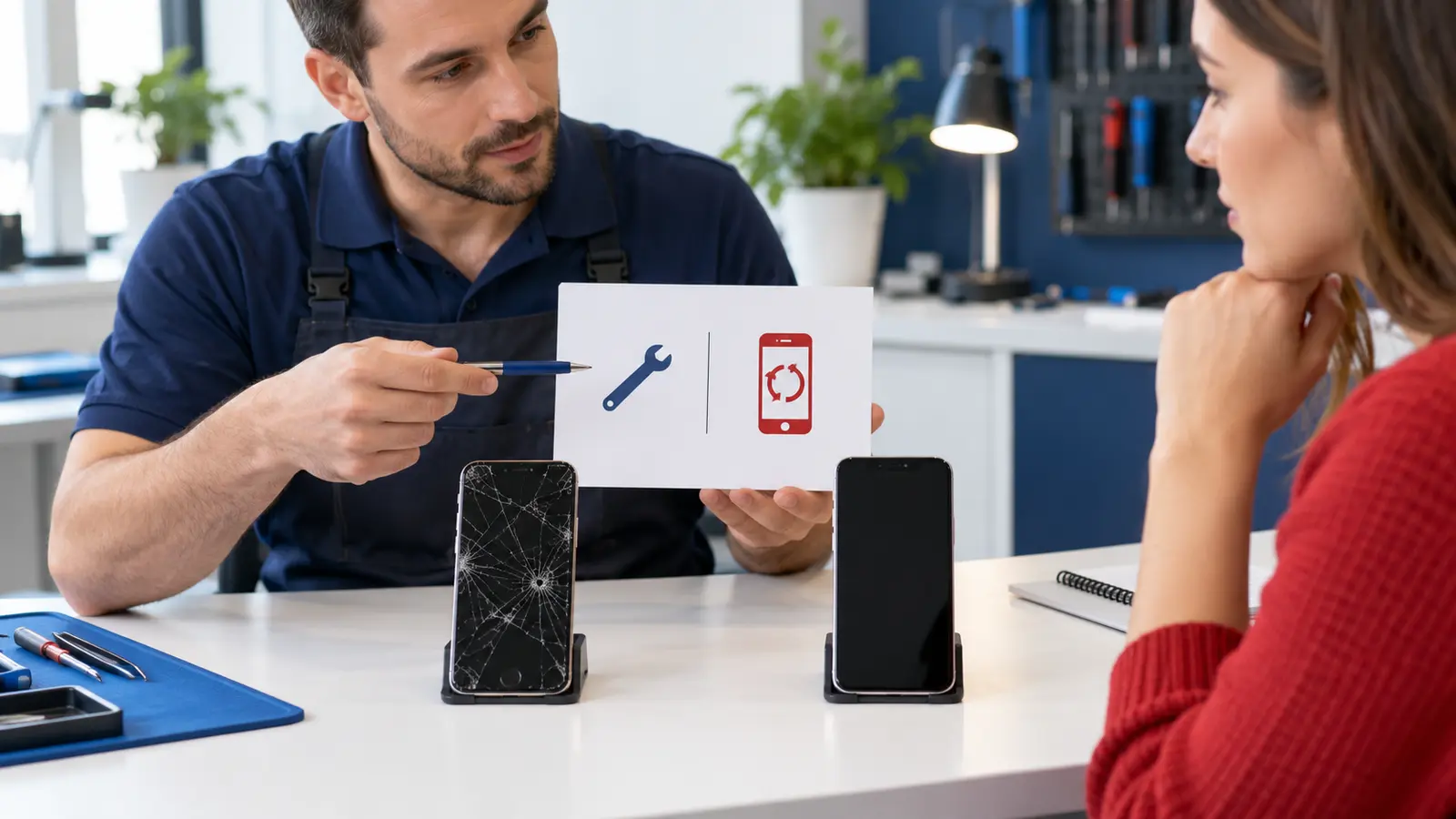 Customer comparing phone repair with replacing a damaged device