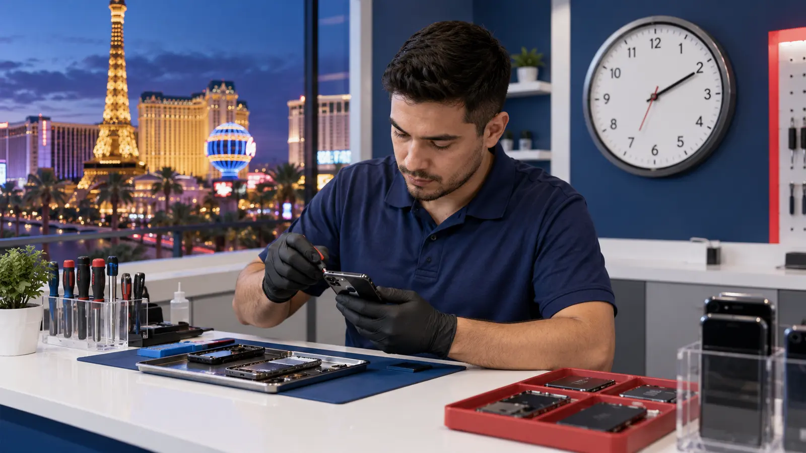 Phone repair technician organizing a same-day repair workflow