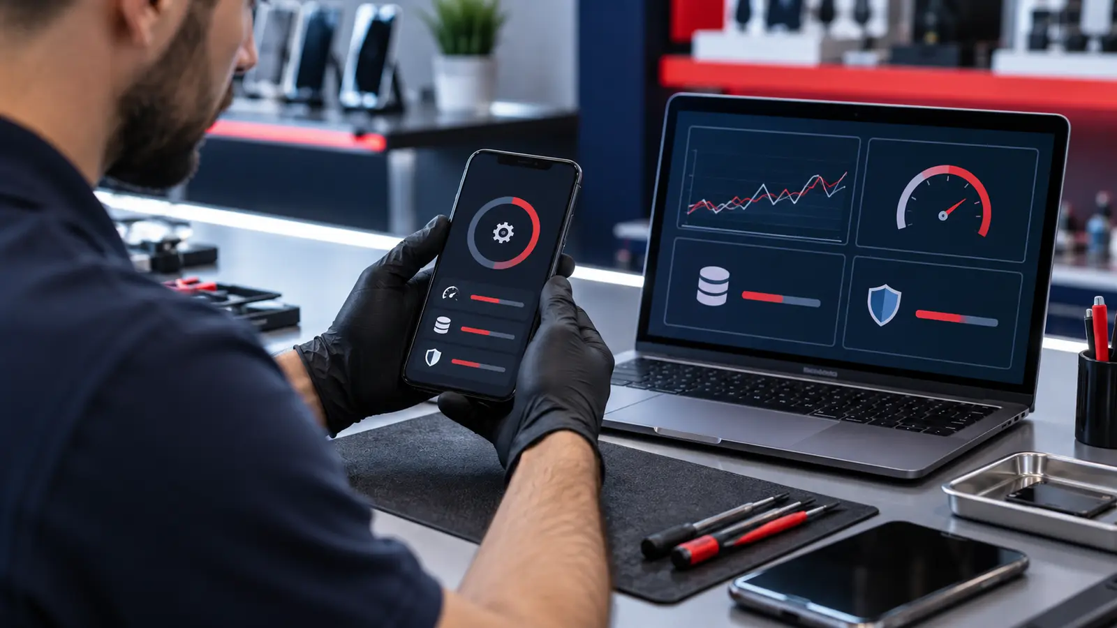 Technician checking phone performance and storage during software diagnosis