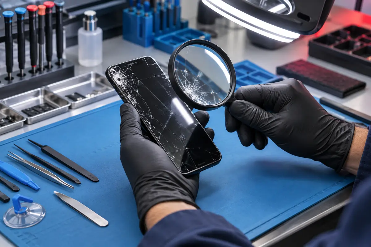 Technician inspecting a cracked phone screen at a professional repair workbench